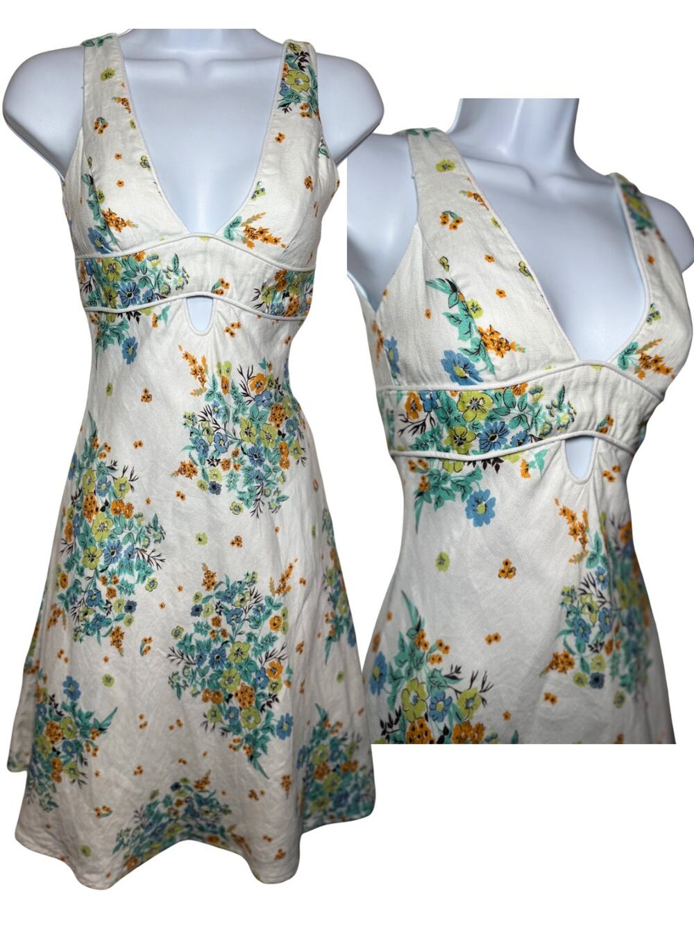 By Johnny Floral Linen Mini Dress Keyhole Open Back AU 6 US 2 Boho Cottagecore